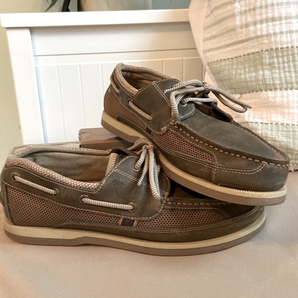 Margaritaville Men’s Shoes Size 9.5 boat Lighthouse Loafers Beige Tan Leather